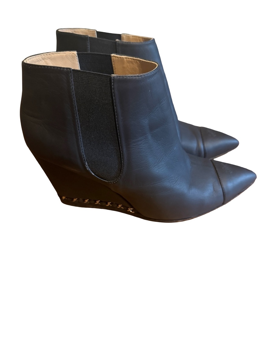 CHANEL Black Leather Pointed Toe Wedge Ankle Booties